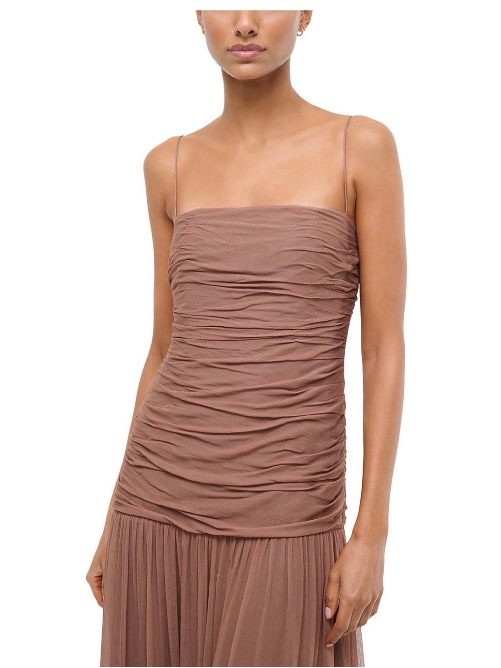 NWT STAUD Dalton Dress Ruched Sleeveless Maxi Gown Taupe Brown Floor Length - Picture 2 of 4